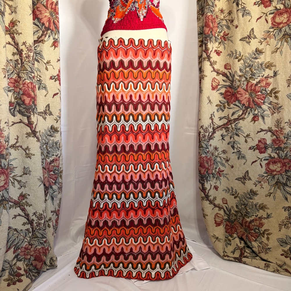 Karen Kane Stunning Orange Red Chevron Crochet Knit Maxi Skirt Boho Retro design